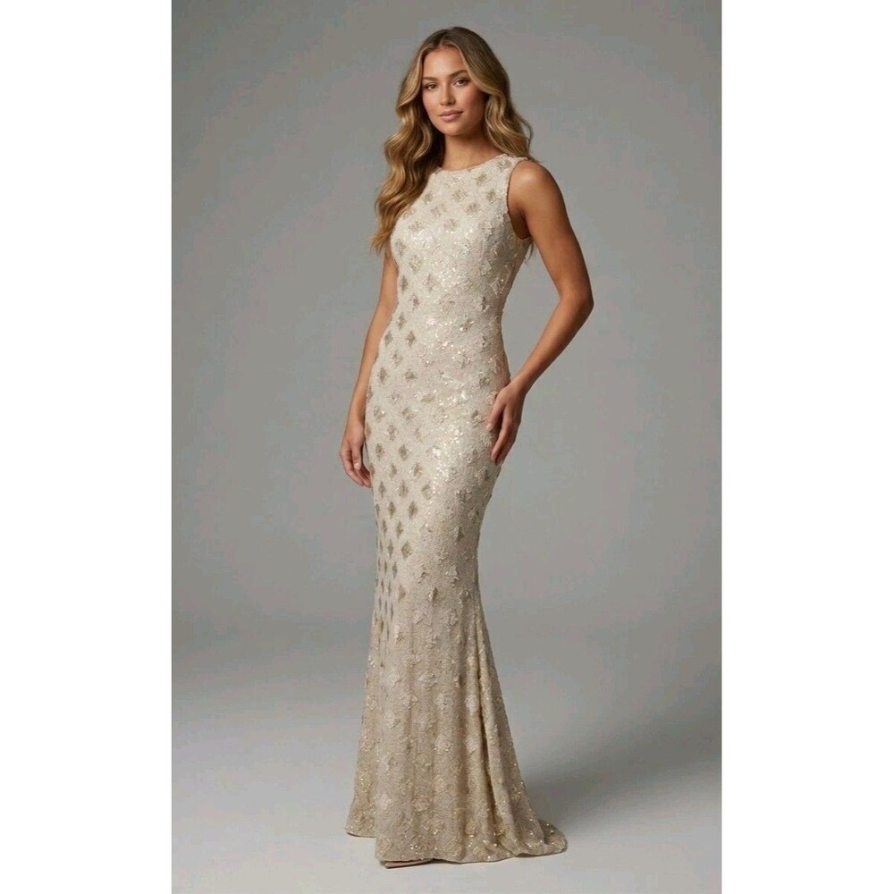 Dress The Population XS Ivory Sequin Mermaid Gown Formal V-Back Dress